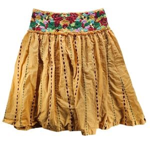 Anthropologie Odille Embroidered Floral Cotton A-Line Skirt Womens Size 6 Yellow